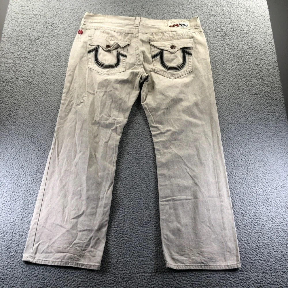 Vintage True Religion Jeans Mens 42x32 Tan Y2K Straight Skull Patch Made In USA